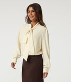 Tie Neck Long Sleeve Ruched Casual Linen-Feel Blouse — Whisper White — view 4