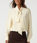 Tie Neck Long Sleeve Ruched Casual Linen-Feel Blouse — Whisper White — view 5