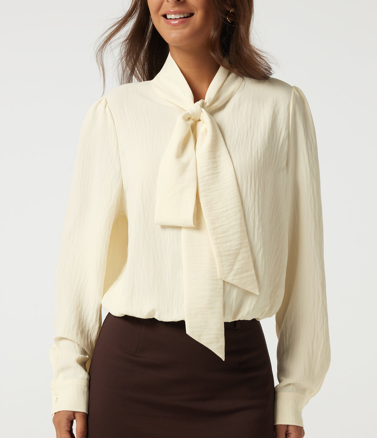 Tie Neck Long Sleeve Ruched Casual Linen-Feel Blouse — Whisper White — view 5