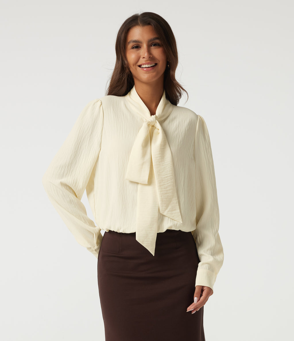 Tie Neck Long Sleeve Ruched Casual Linen-Feel Blouse — Whisper White — view 3