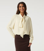 Tie Neck Long Sleeve Ruched Casual Linen-Feel Blouse — Whisper White — view 3