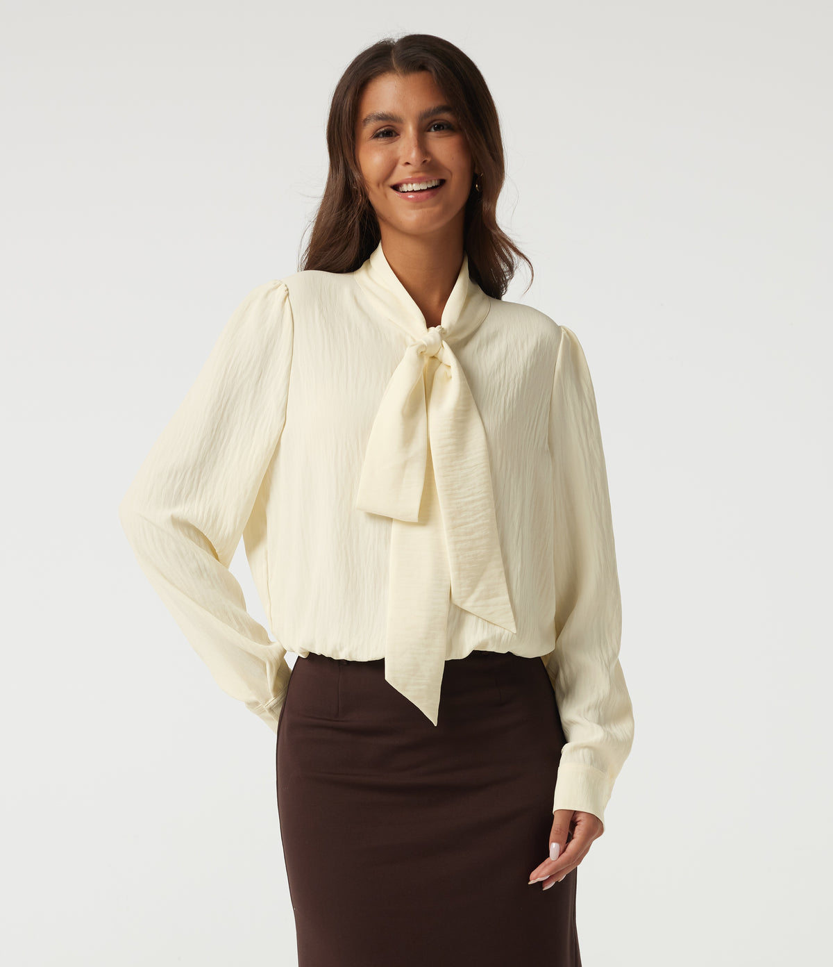 Tie Neck Long Sleeve Ruched Casual Linen-Feel Blouse — Whisper White — view 3