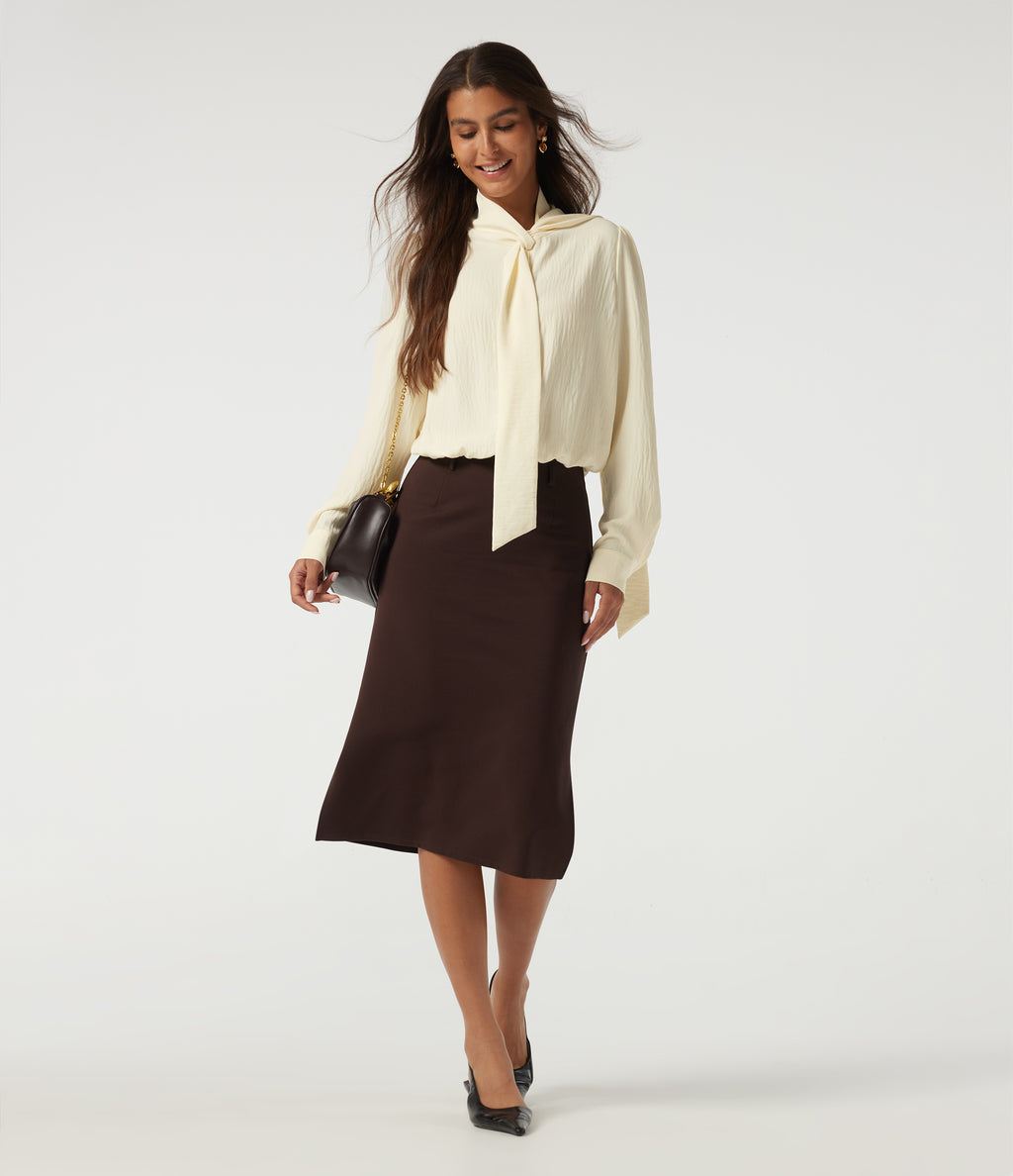 Tie Neck Long Sleeve Ruched Casual Linen-Feel Blouse — Whisper White — view 8