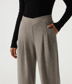 Ribbed High Waisted Crossover Wide Leg Casual Trousers with Pockets — Taupe Stripe — view 4