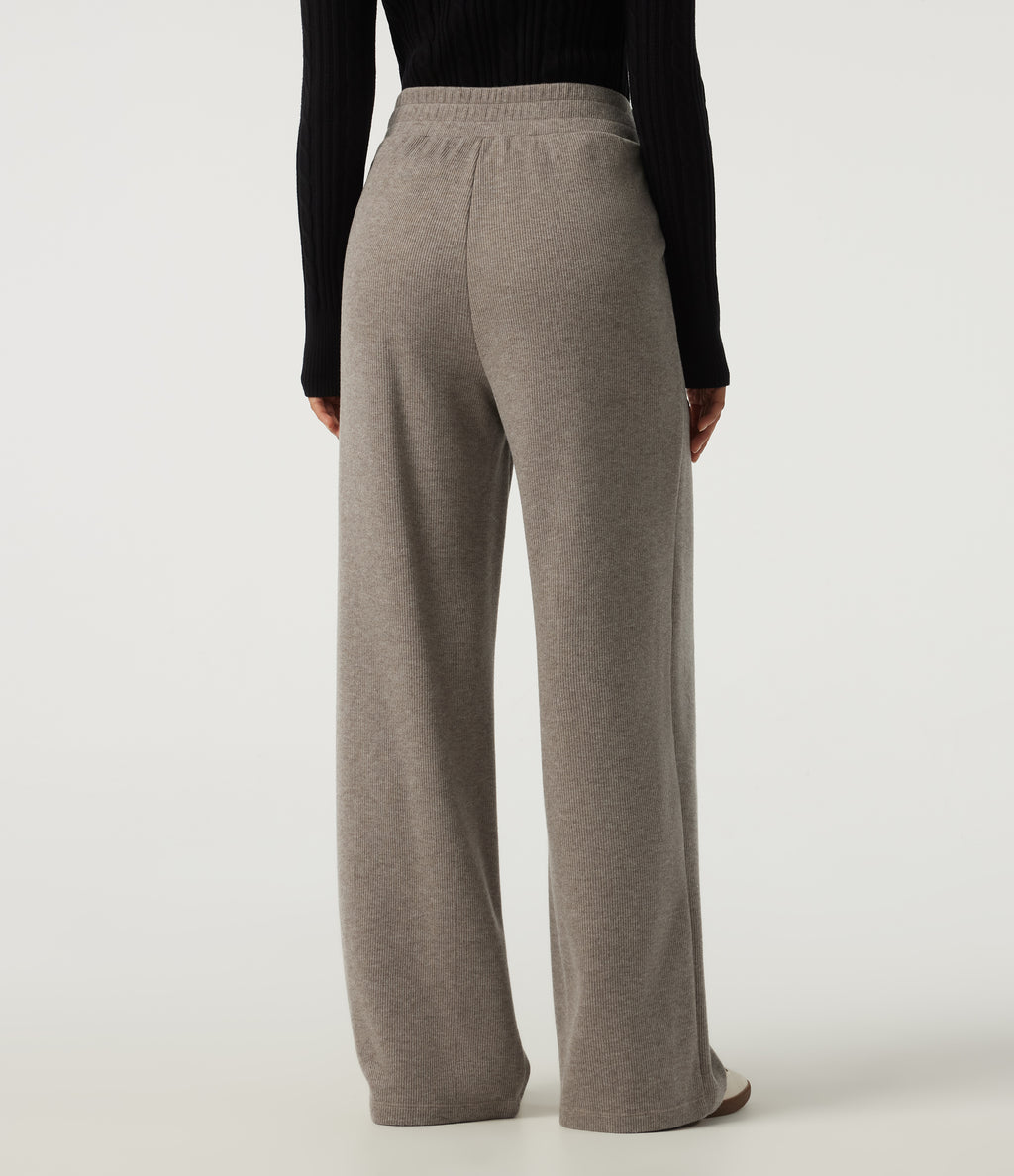 Ribbed High Waisted Crossover Wide Leg Casual Trousers with Pockets — Taupe Stripe — view 2