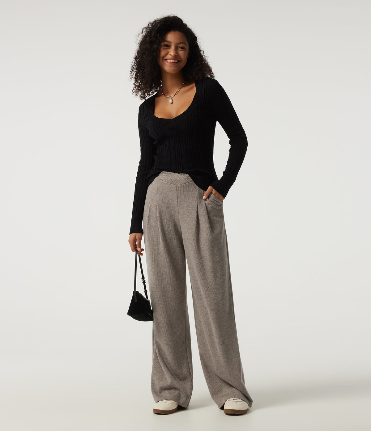 Ribbed High Waisted Crossover Wide Leg Casual Trousers with Pockets — Taupe Stripe — view 6