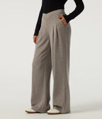 Ribbed High Waisted Crossover Wide Leg Casual Trousers with Pockets — Taupe Stripe — view 3