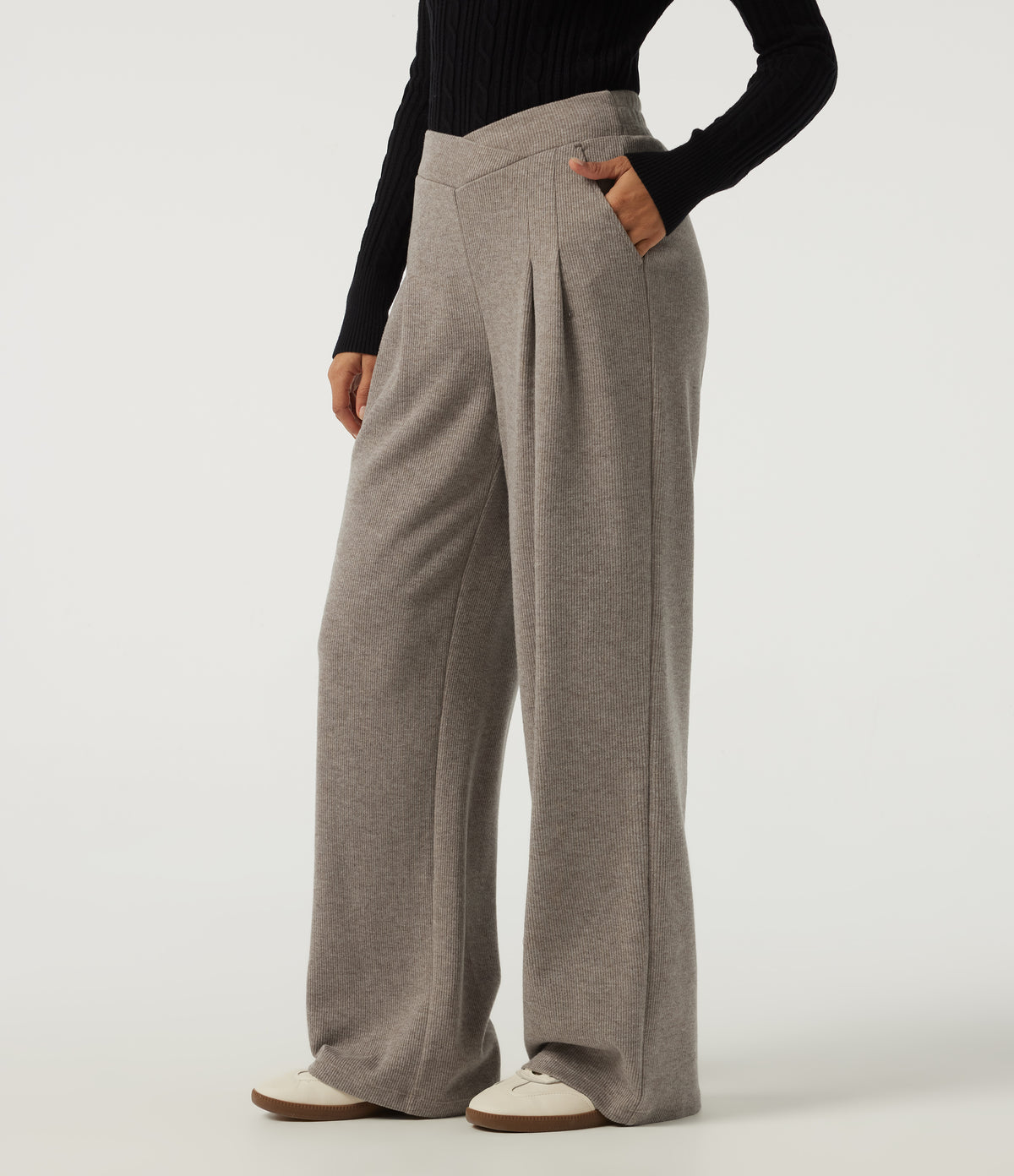 Ribbed High Waisted Crossover Wide Leg Casual Trousers with Pockets — Taupe Stripe — view 3
