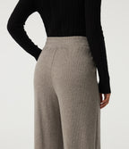 Ribbed High Waisted Crossover Wide Leg Casual Trousers with Pockets — Taupe Stripe — view 5