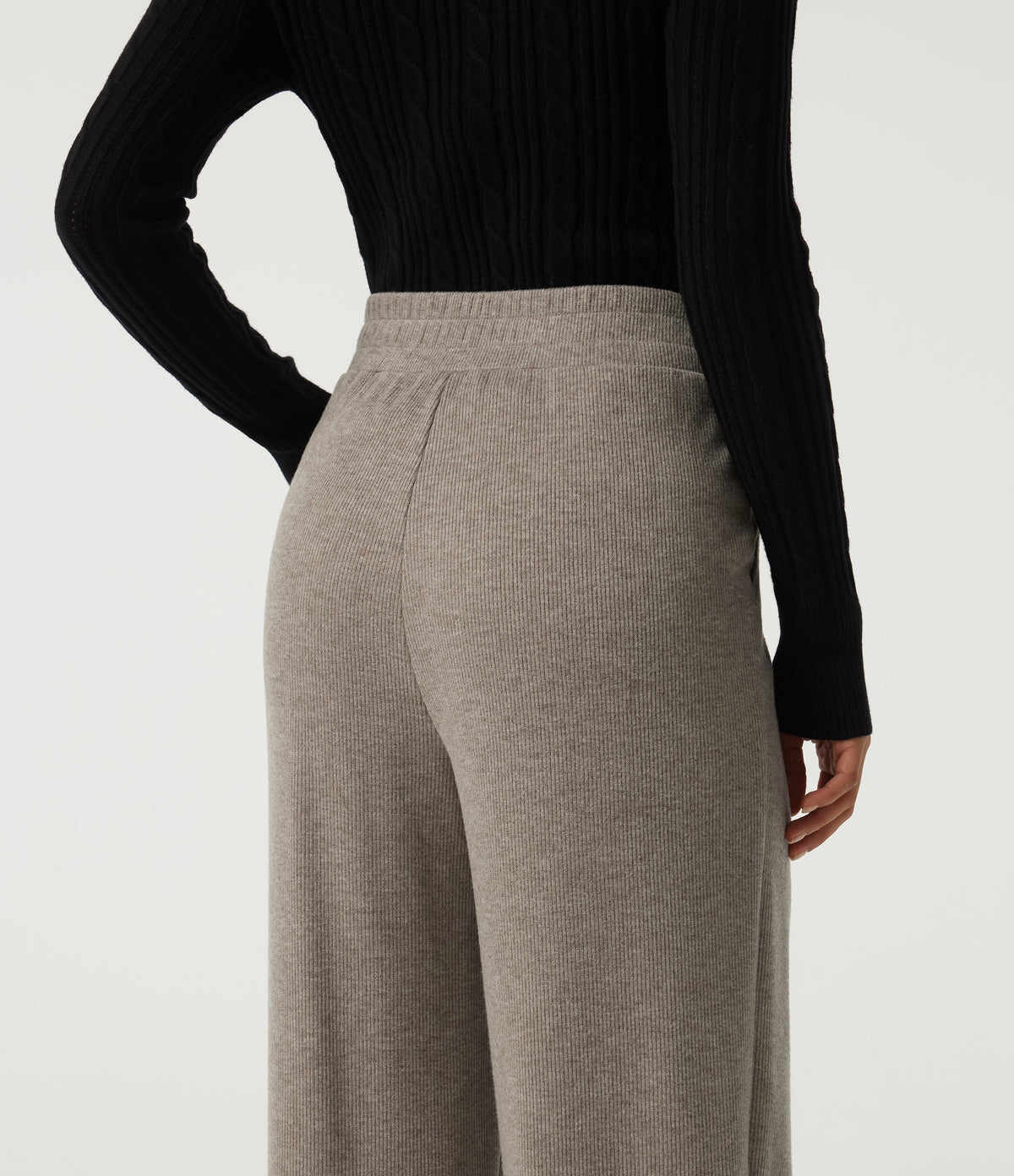 Ribbed High Waisted Crossover Wide Leg Casual Trousers with Pockets — Taupe Stripe — view 5