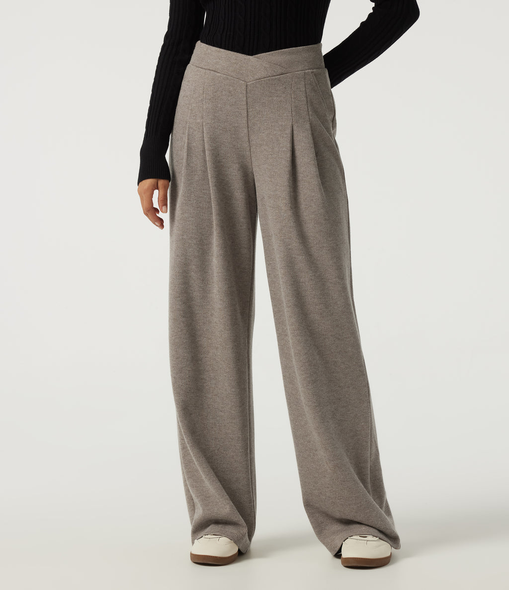 Ribbed High Waisted Crossover Wide Leg Casual Trousers with Pockets — Taupe Stripe — view 1