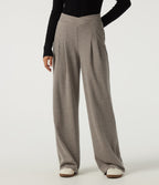 Ribbed High Waisted Crossover Wide Leg Casual Trousers with Pockets — Taupe Stripe — view 1
