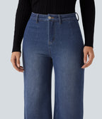 High Waisted Wide Leg Fleece Casual Cotton Jeans with Pockets — Estate Blue Denim — view 4