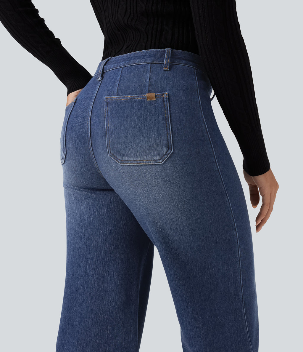High Waisted Wide Leg Fleece Casual Cotton Jeans with Pockets — Estate Blue Denim — view 5