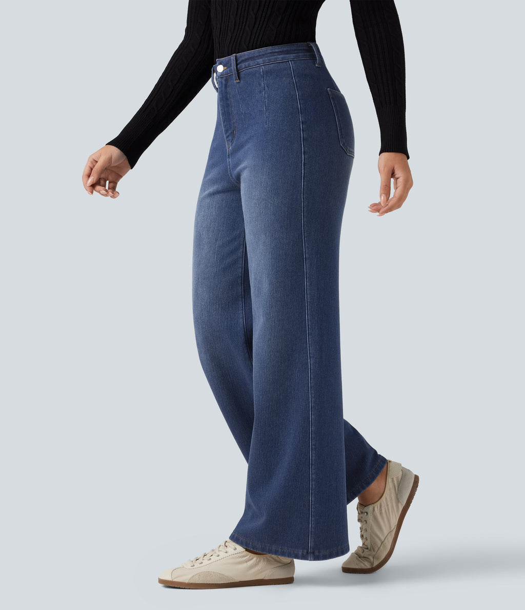 High Waisted Wide Leg Fleece Casual Cotton Jeans with Pockets — Estate Blue Denim — view 3