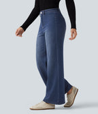 High Waisted Wide Leg Fleece Casual Cotton Jeans with Pockets — Estate Blue Denim — view 3