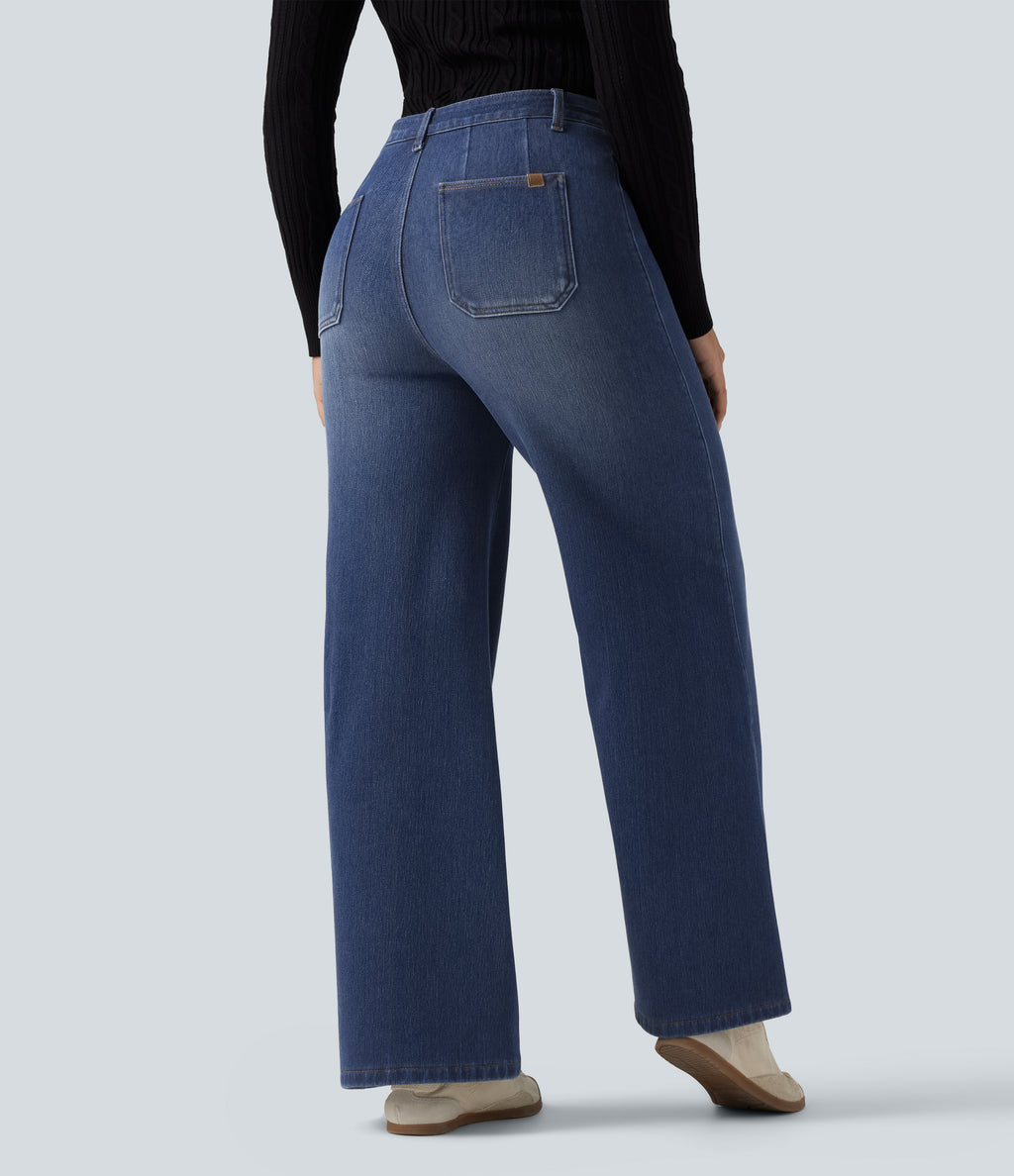 High Waisted Wide Leg Fleece Casual Cotton Jeans with Pockets — Estate Blue Denim — view 2