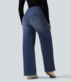 High Waisted Wide Leg Fleece Casual Cotton Jeans with Pockets — Estate Blue Denim — view 2