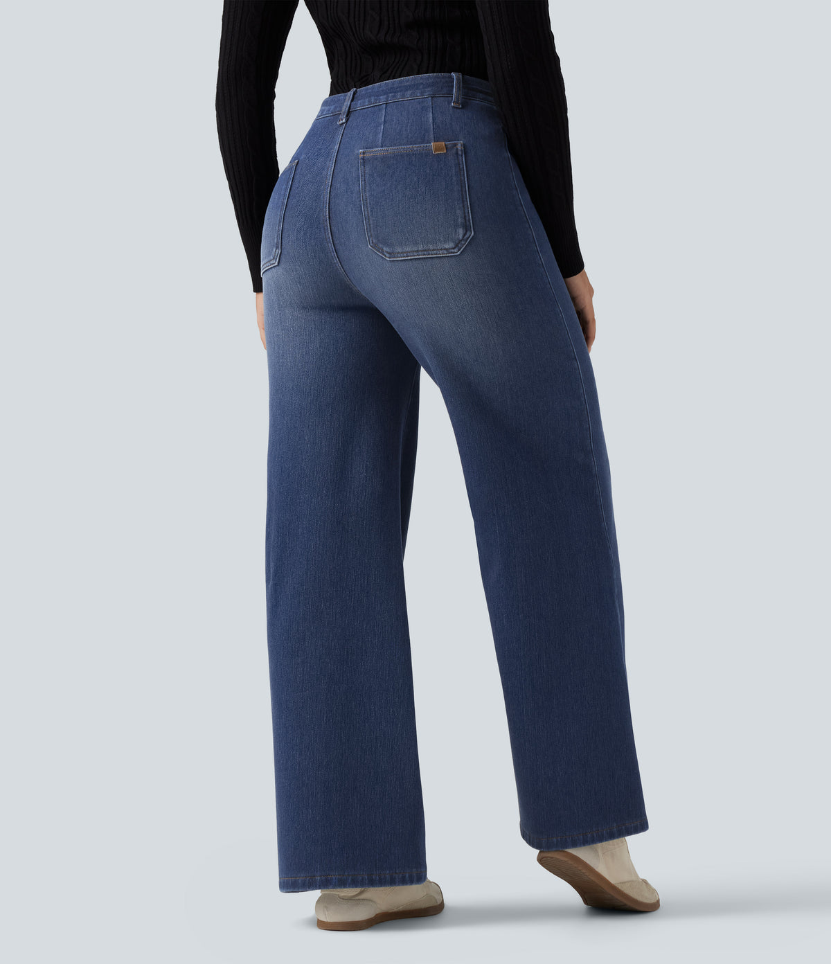 High Waisted Wide Leg Fleece Casual Cotton Jeans with Pockets — Estate Blue Denim — view 2