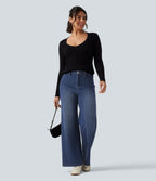 High Waisted Wide Leg Fleece Casual Cotton Jeans with Pockets — Estate Blue Denim — view 7