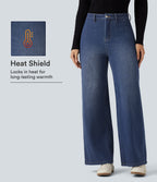 High Waisted Wide Leg Fleece Casual Cotton Jeans with Pockets — Estate Blue Denim — view 1