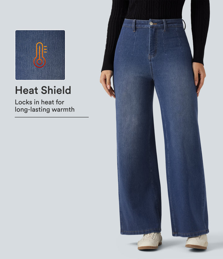 High Waisted Wide Leg Fleece Casual Cotton Jeans with Pockets — Estate Blue Denim — view 1