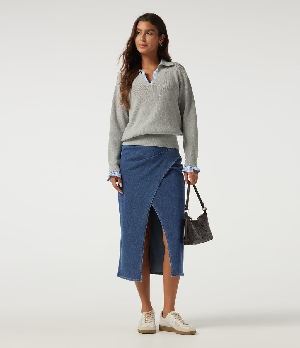 High Waisted Pleated Pencil Denim Casual Cotton Midi Skirt — Tide Blue Denim — view 8