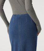 High Waisted Pleated Pencil Denim Casual Cotton Midi Skirt — Tide Blue Denim — view 5
