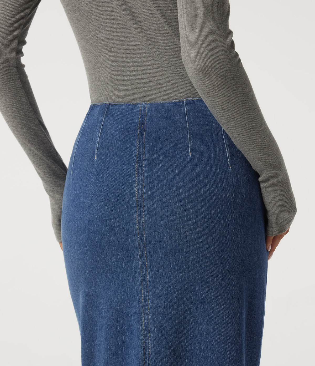 High Waisted Pleated Pencil Denim Casual Cotton Midi Skirt — Tide Blue Denim — view 5