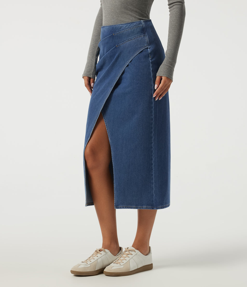 High Waisted Pleated Pencil Denim Casual Cotton Midi Skirt — Tide Blue Denim — view 1