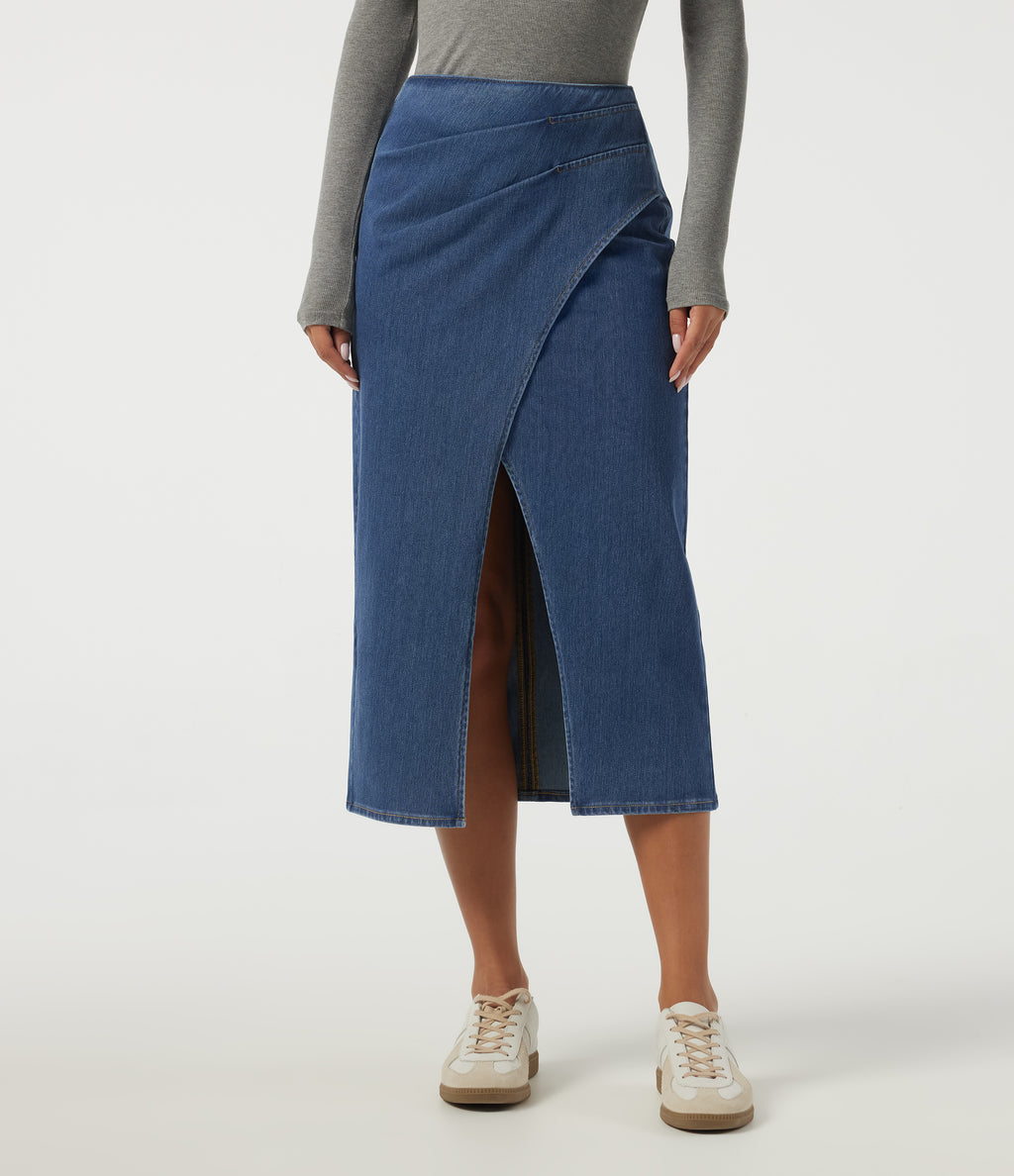 High Waisted Pleated Pencil Denim Casual Cotton Midi Skirt — Tide Blue Denim — view 3