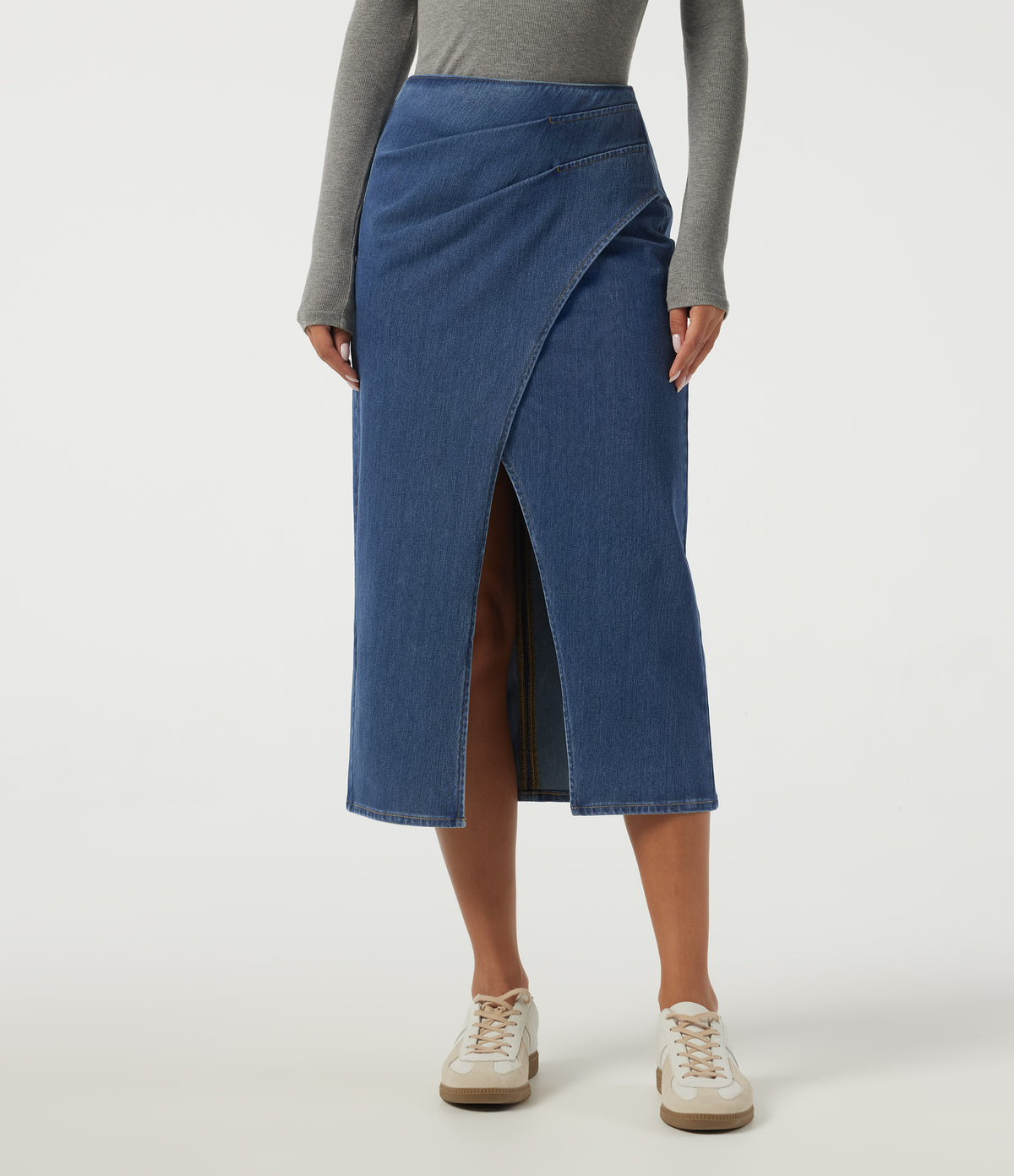 High Waisted Pleated Pencil Denim Casual Cotton Midi Skirt — Tide Blue Denim — view 3