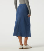 High Waisted Pleated Pencil Denim Casual Cotton Midi Skirt — Tide Blue Denim — view 2