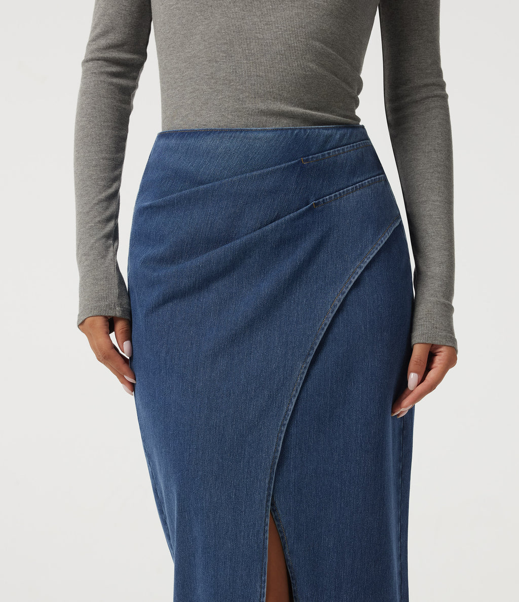 High Waisted Pleated Pencil Denim Casual Cotton Midi Skirt — Tide Blue Denim — view 4