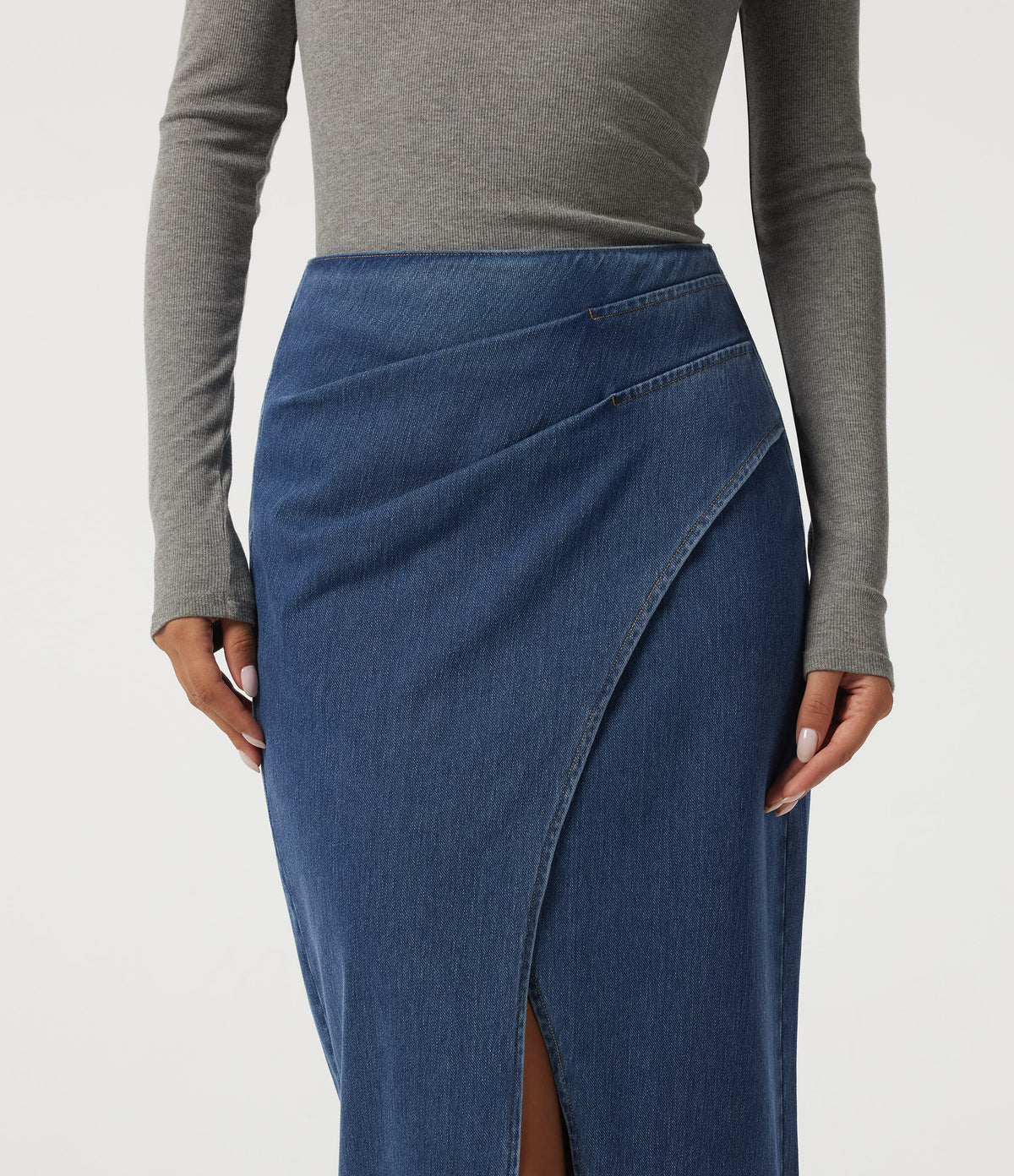 High Waisted Pleated Pencil Denim Casual Cotton Midi Skirt — Tide Blue Denim — view 4