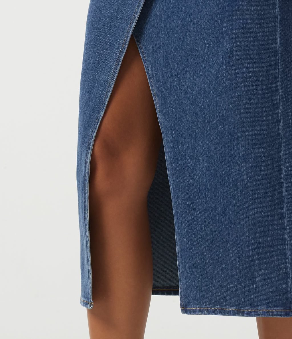 High Waisted Pleated Pencil Denim Casual Cotton Midi Skirt — Tide Blue Denim — view 6