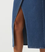 High Waisted Pleated Pencil Denim Casual Cotton Midi Skirt — Tide Blue Denim — view 6