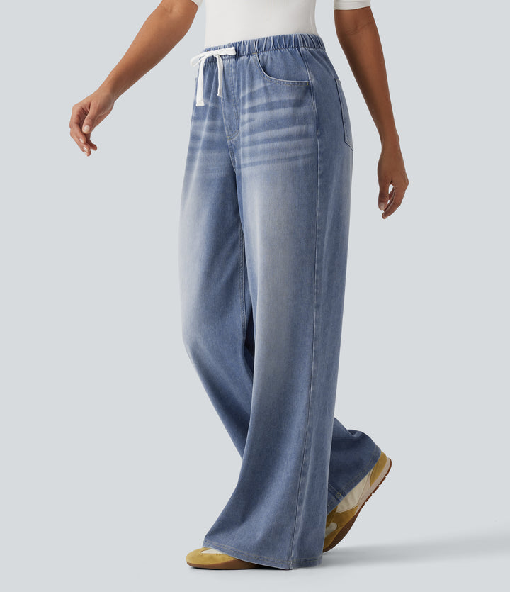 Mid Rise Drawstring Wide Leg Casual Cotton Jeans with Pockets — Vallarta Blue Denim — view 1