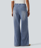 Mid Rise Drawstring Wide Leg Casual Cotton Jeans with Pockets — Vallarta Blue Denim — view 2