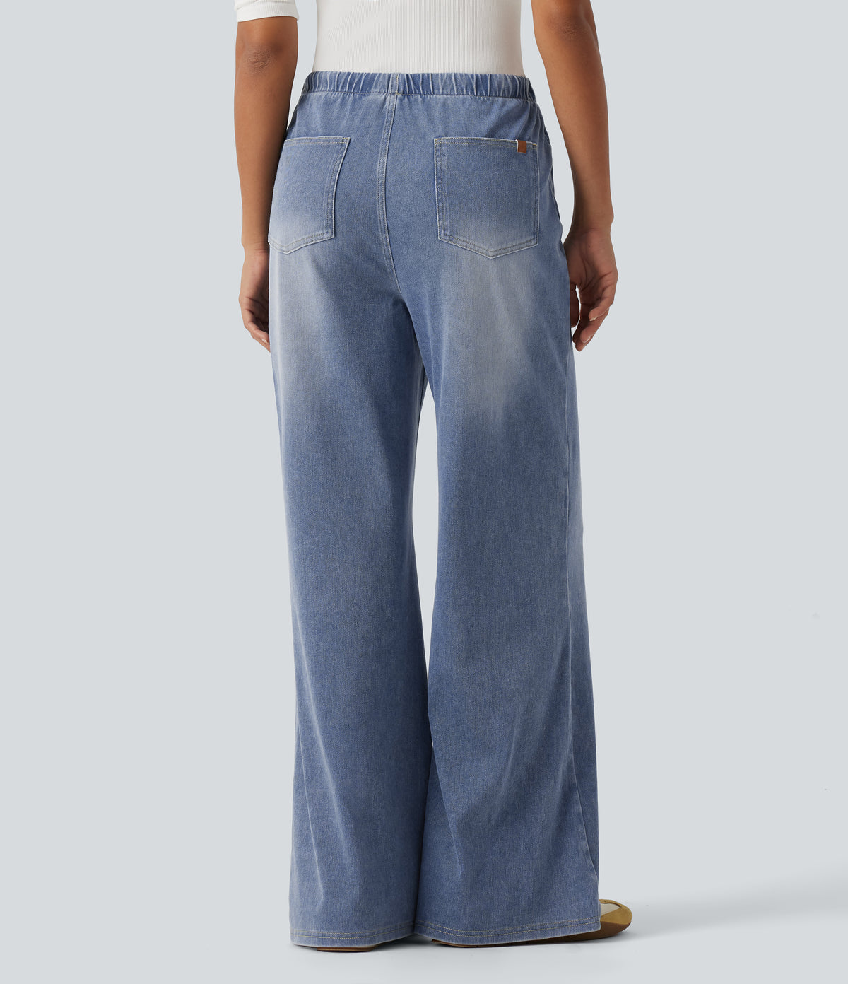 Mid Rise Drawstring Wide Leg Casual Cotton Jeans with Pockets — Vallarta Blue Denim — view 2