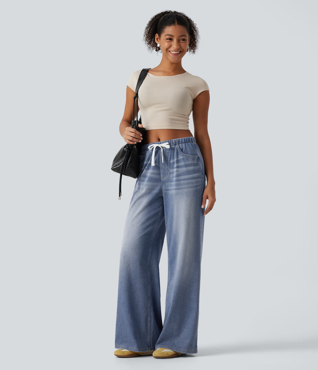 Mid Rise Drawstring Wide Leg Casual Cotton Jeans with Pockets — Vallarta Blue Denim — view 7