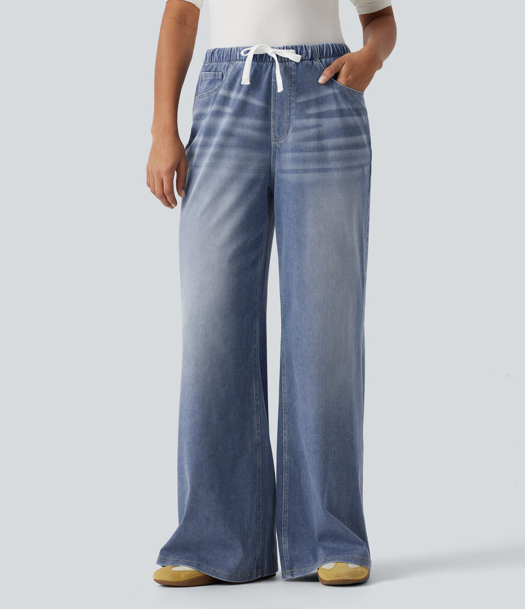 Mid Rise Drawstring Wide Leg Casual Cotton Jeans with Pockets — Vallarta Blue Denim — view 3