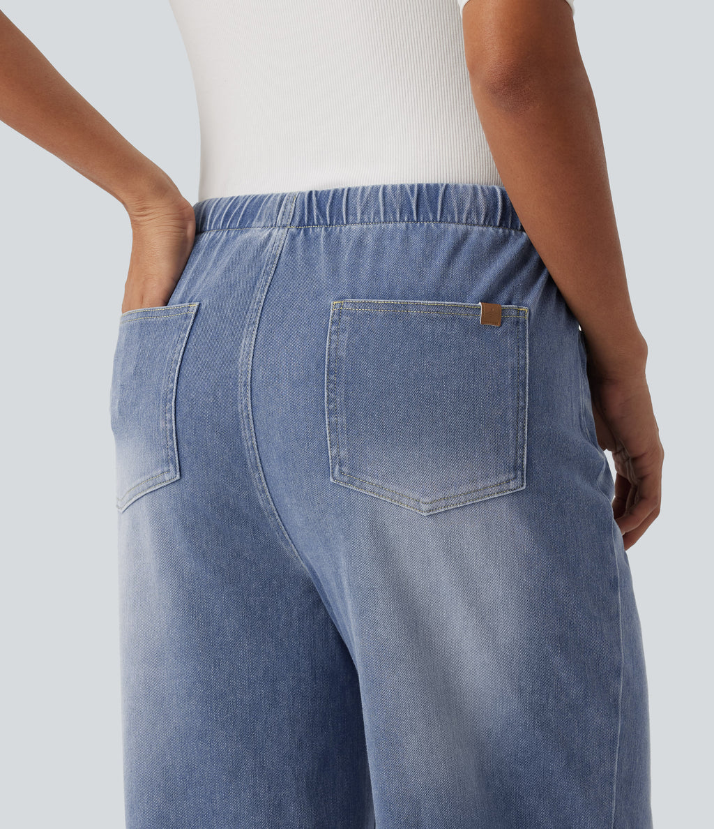 Mid Rise Drawstring Wide Leg Casual Cotton Jeans with Pockets — Vallarta Blue Denim — view 5