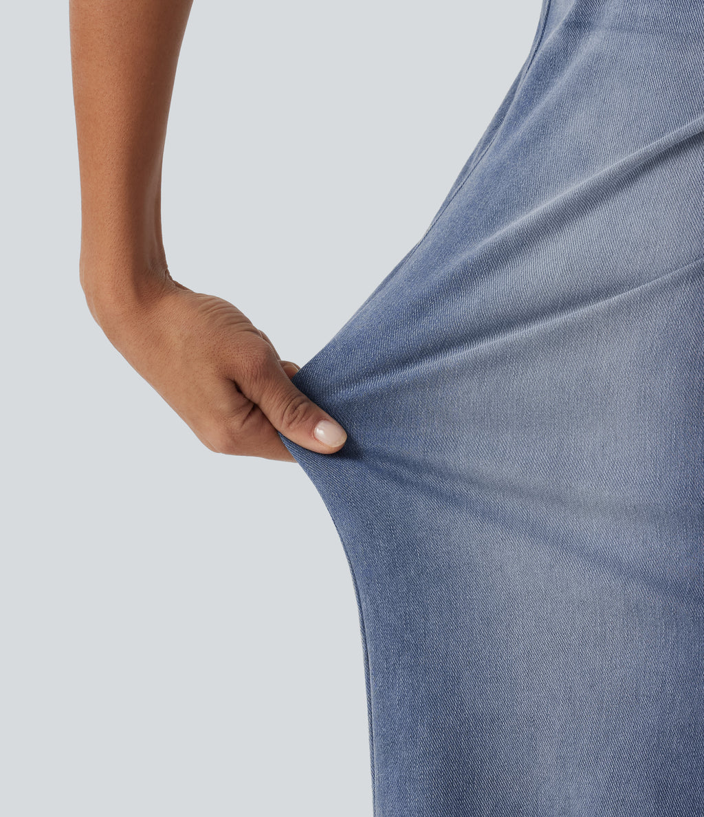 Mid Rise Drawstring Wide Leg Casual Cotton Jeans with Pockets — Vallarta Blue Denim — view 6