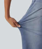 Mid Rise Drawstring Wide Leg Casual Cotton Jeans with Pockets — Vallarta Blue Denim — view 6