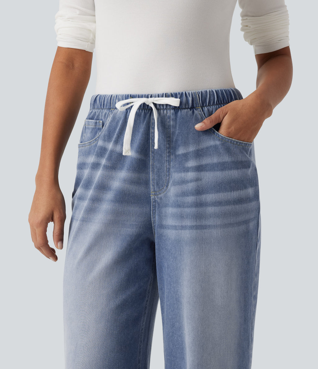 Mid Rise Drawstring Wide Leg Casual Cotton Jeans with Pockets — Vallarta Blue Denim — view 4