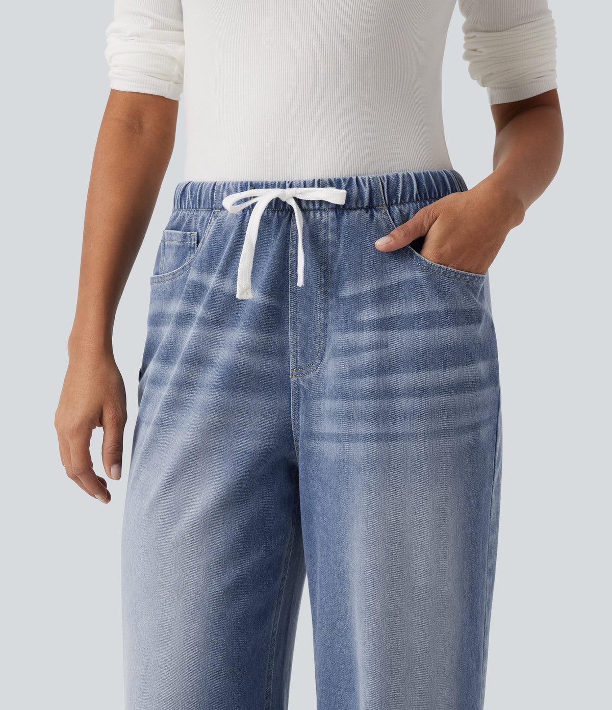 Mid Rise Drawstring Wide Leg Casual Cotton Jeans with Pockets — Vallarta Blue Denim — view 4