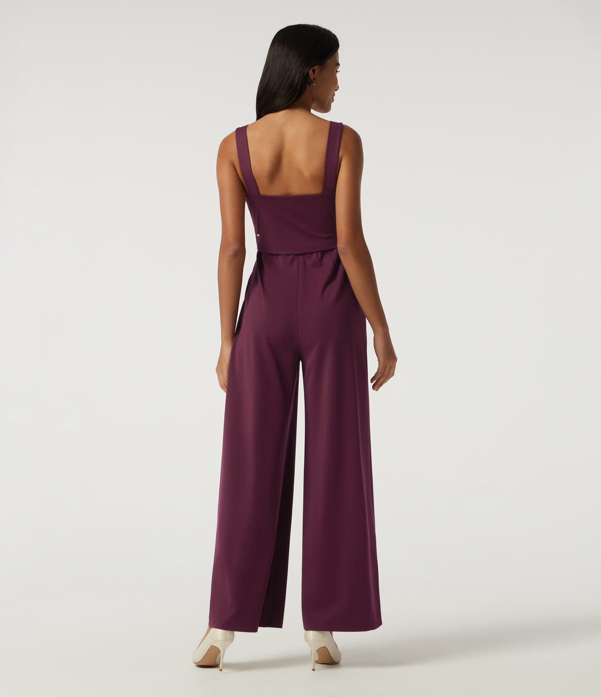 Square Neck Sleeveless Wide Leg Party Jumpsuit with Pockets and Built-in Bra - Edition — Zinfandel — view 2