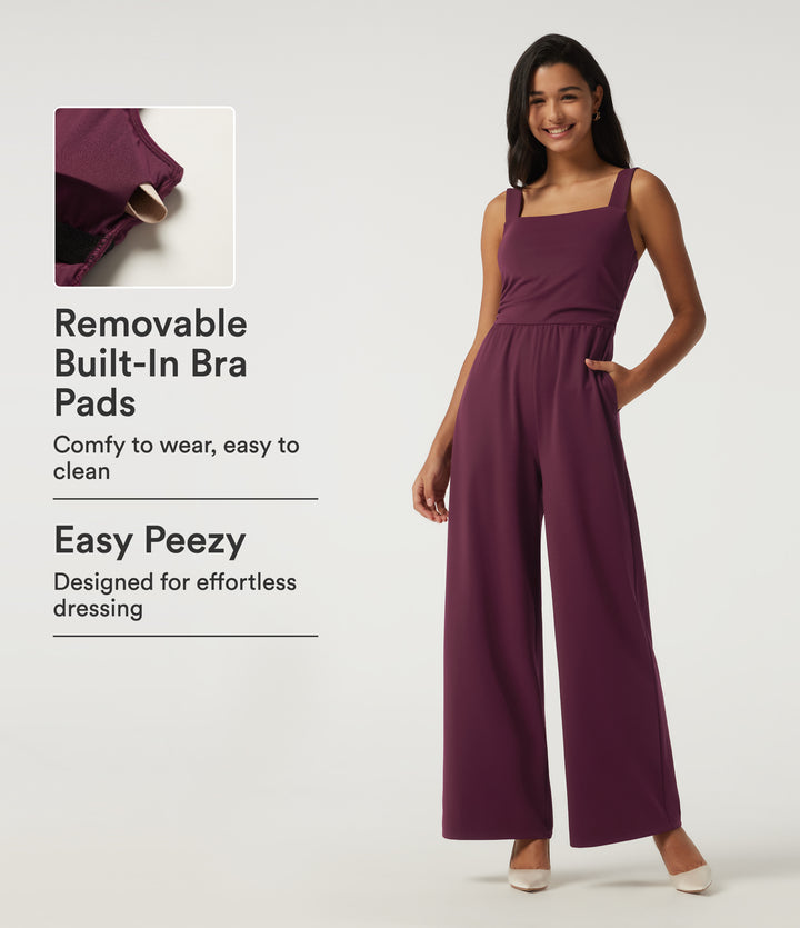 Square Neck Sleeveless Wide Leg Party Jumpsuit with Pockets and Built-in Bra - Edition — Zinfandel — view 1
