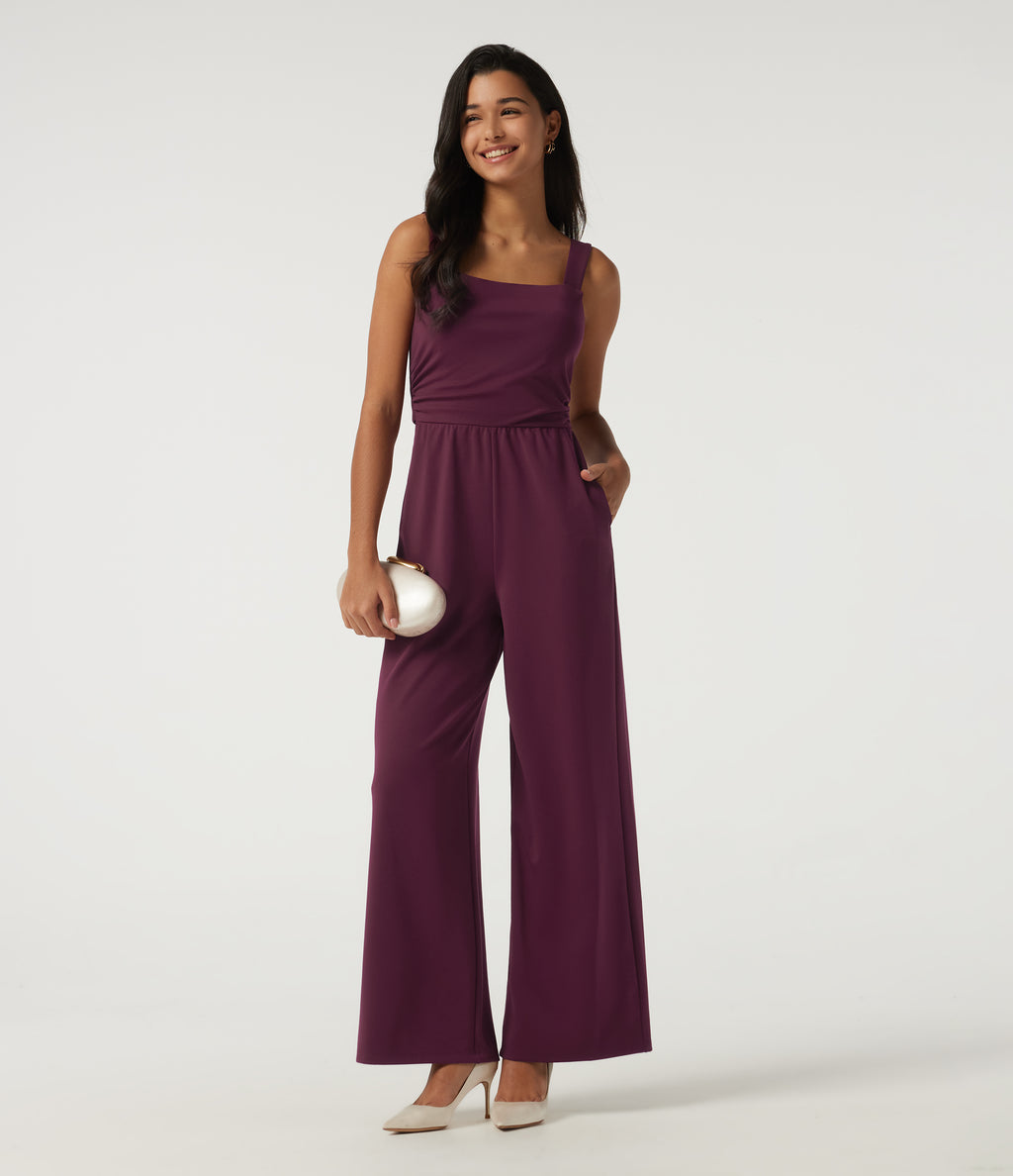 Square Neck Sleeveless Wide Leg Party Jumpsuit with Pockets and Built-in Bra - Edition — Zinfandel — view 8